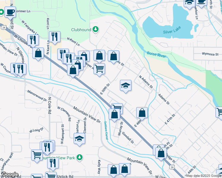 map of restaurants, bars, coffee shops, grocery stores, and more near 4961 East Bradley Street in Garden City