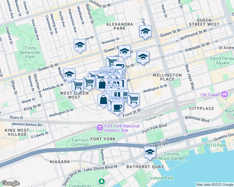 map of restaurants, bars, coffee shops, grocery stores, and more near 61 Stewart Street in Toronto