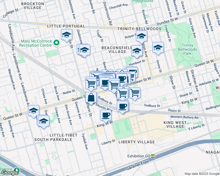 map of restaurants, bars, coffee shops, grocery stores, and more near 1153 Queen Street West in Toronto