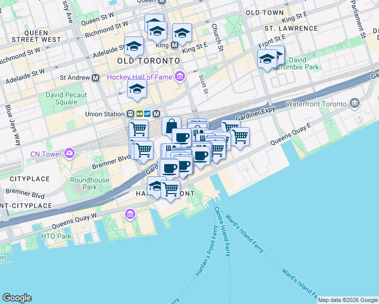map of restaurants, bars, coffee shops, grocery stores, and more near 16 Harbour Street in Toronto