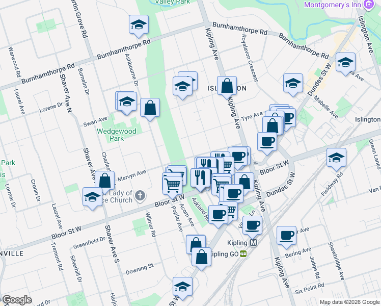 map of restaurants, bars, coffee shops, grocery stores, and more near 32 Jopling Avenue North in Toronto