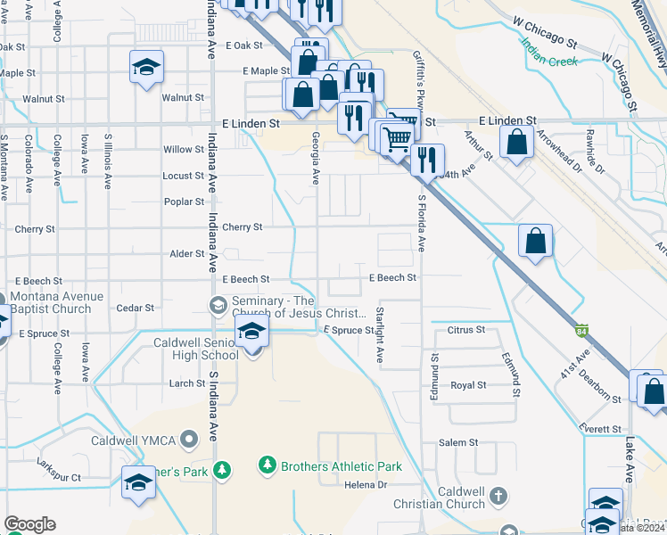 map of restaurants, bars, coffee shops, grocery stores, and more near 3004 Anchor Place in Caldwell