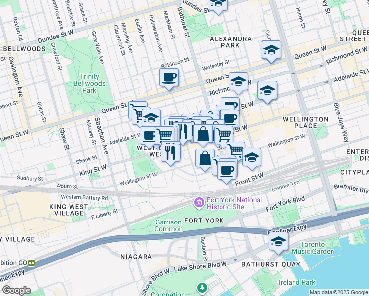 map of restaurants, bars, coffee shops, grocery stores, and more near 78 Tecumseth Street in Toronto
