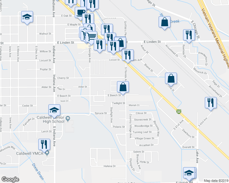 map of restaurants, bars, coffee shops, grocery stores, and more near 2705 Gold Harbor Drive in Caldwell