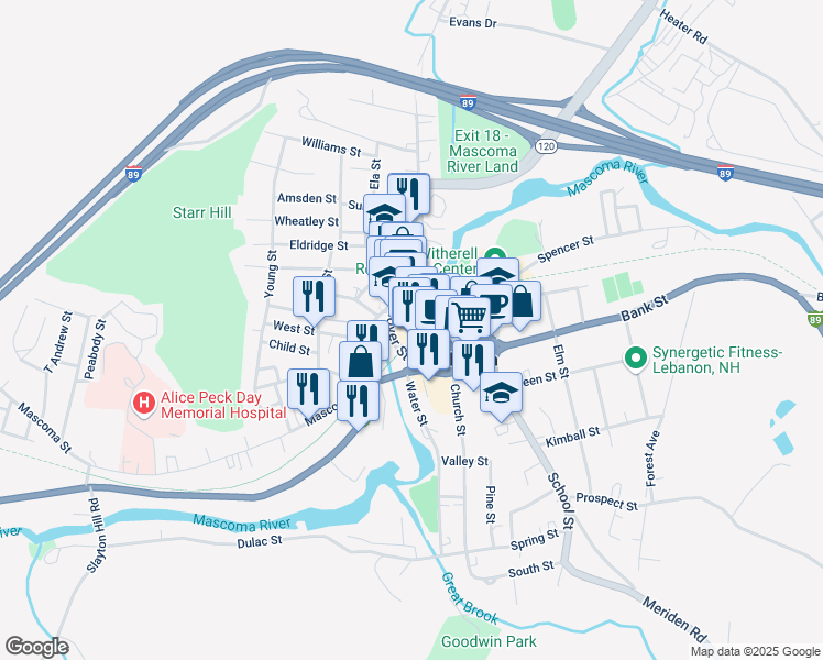 map of restaurants, bars, coffee shops, grocery stores, and more near 20 West Park Street in Lebanon