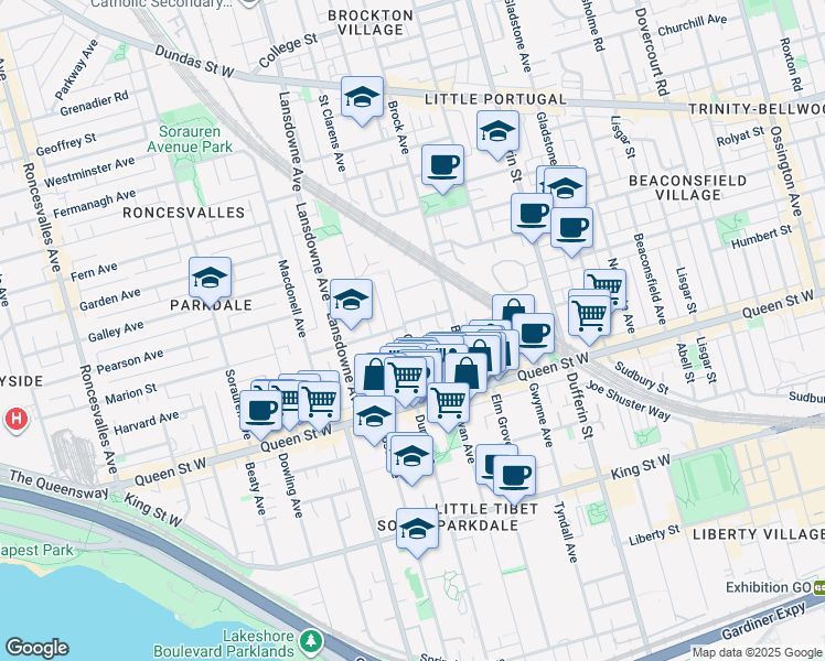 map of restaurants, bars, coffee shops, grocery stores, and more near 51 O'Hara Avenue in Toronto