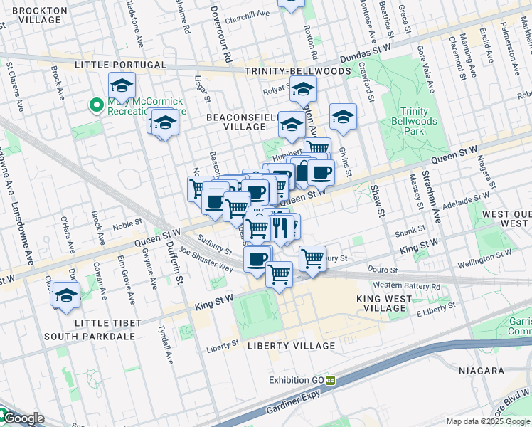 map of restaurants, bars, coffee shops, grocery stores, and more near 1093 Queen Street West in Toronto