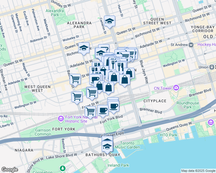 map of restaurants, bars, coffee shops, grocery stores, and more near 450 Front Street West in Toronto