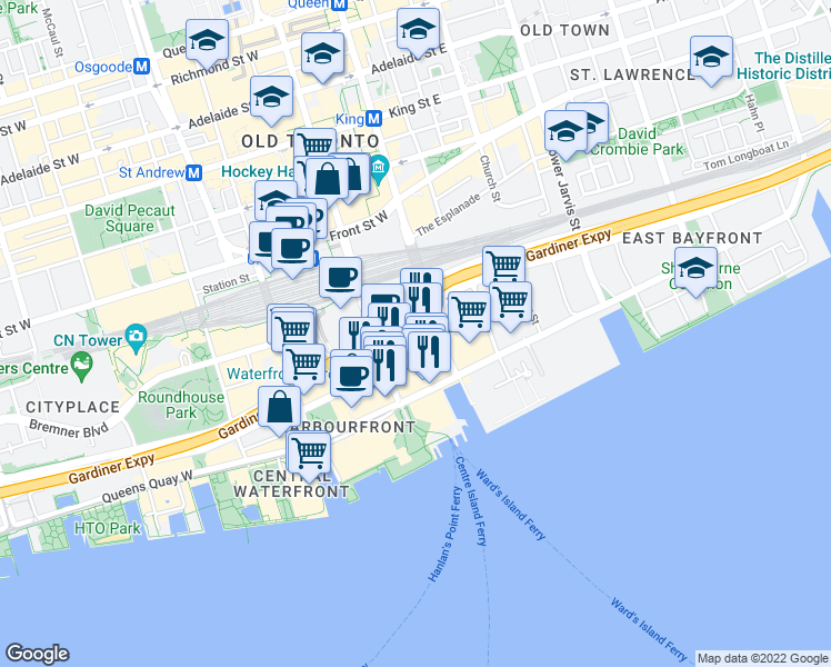 map of restaurants, bars, coffee shops, grocery stores, and more near 24 Harbour Street in Toronto