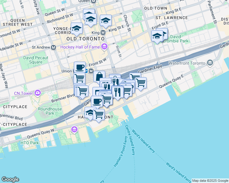 map of restaurants, bars, coffee shops, grocery stores, and more near 12 Yonge Street in Toronto