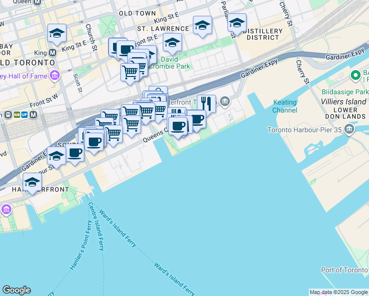 map of restaurants, bars, coffee shops, grocery stores, and more near 25 Dockside Dr. in Toronto