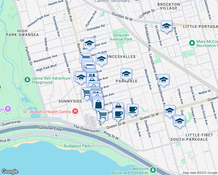 map of restaurants, bars, coffee shops, grocery stores, and more near 105 Galley Avenue in Toronto