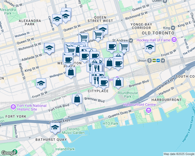map of restaurants, bars, coffee shops, grocery stores, and more near 579 Blue Jays Way in Toronto