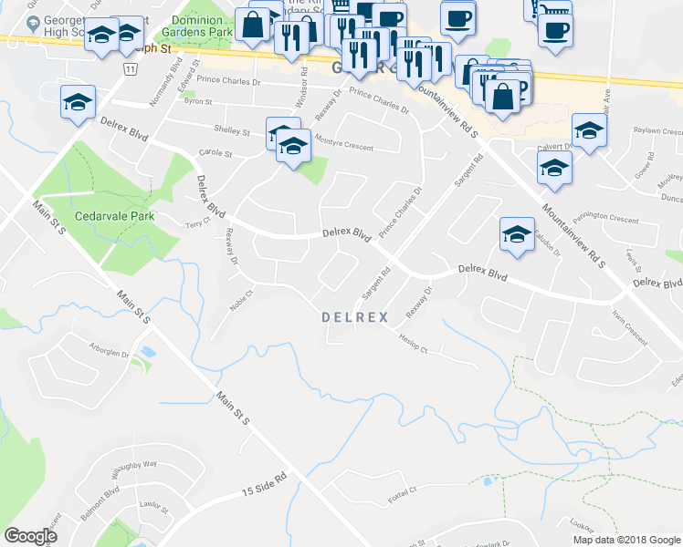 map of restaurants, bars, coffee shops, grocery stores, and more near 39 McGilvray Crescent in Halton Hills