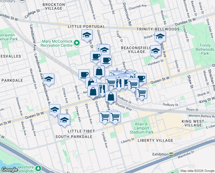 map of restaurants, bars, coffee shops, grocery stores, and more near 20 Minowan Miikan Lane in Toronto