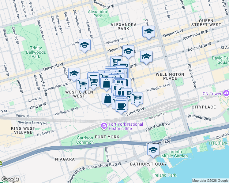 map of restaurants, bars, coffee shops, grocery stores, and more near 88 Bathurst Street in Toronto
