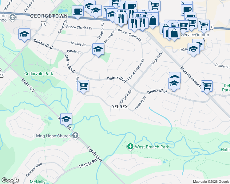 map of restaurants, bars, coffee shops, grocery stores, and more near 38 McGilvray Crescent in Halton Hills