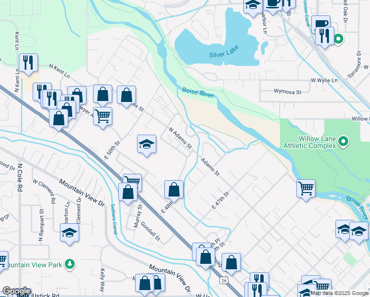 map of restaurants, bars, coffee shops, grocery stores, and more near 4950 North Bradley Street in Garden City