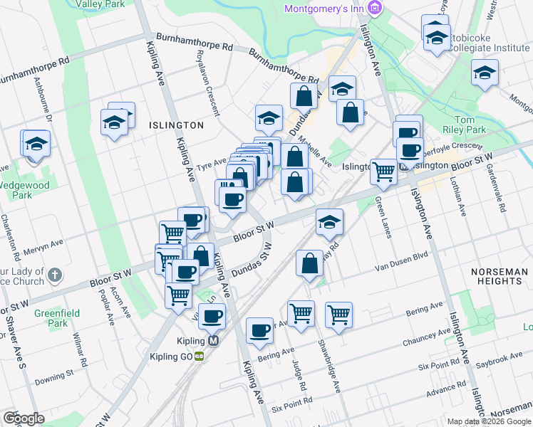 map of restaurants, bars, coffee shops, grocery stores, and more near 3 Summerland Terrace in Toronto