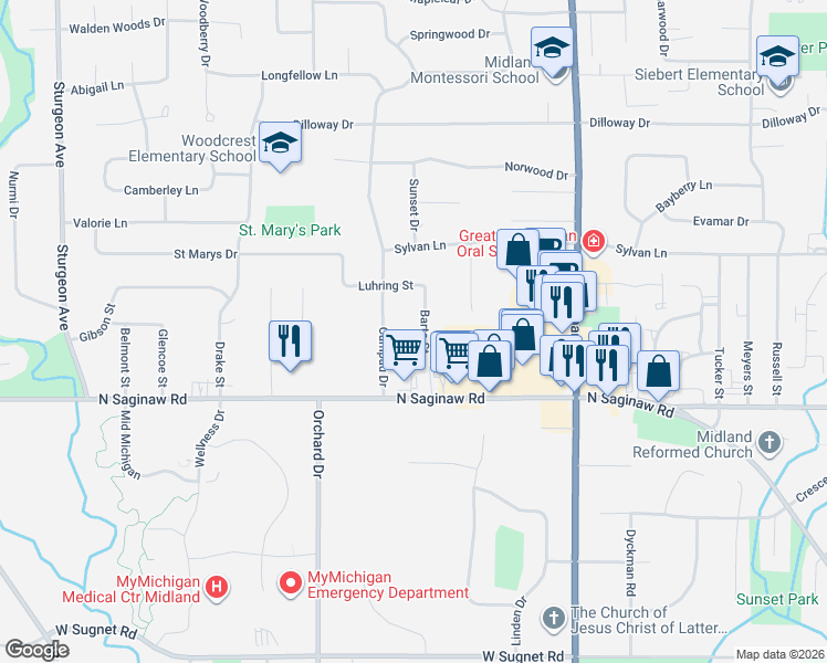 map of restaurants, bars, coffee shops, grocery stores, and more near 2211 Barto Street in Midland