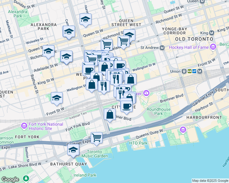map of restaurants, bars, coffee shops, grocery stores, and more near 361 Front Street West in Toronto