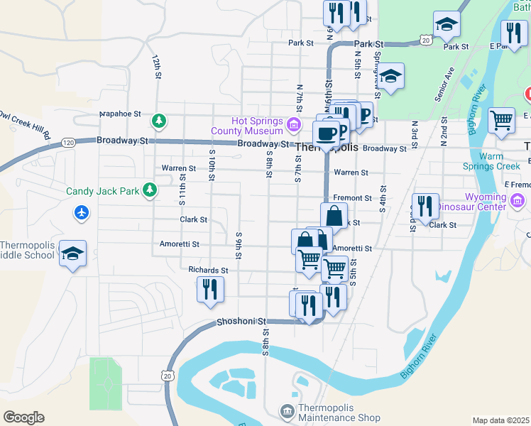 map of restaurants, bars, coffee shops, grocery stores, and more near 817 Clark St in Thermopolis
