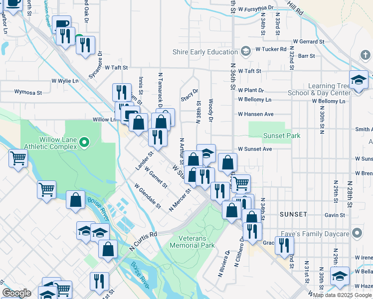 map of restaurants, bars, coffee shops, grocery stores, and more near 2427 North Arthur Street in Boise