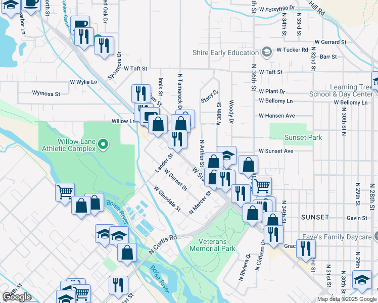 map of restaurants, bars, coffee shops, grocery stores, and more near 4029 West State Street in Boise