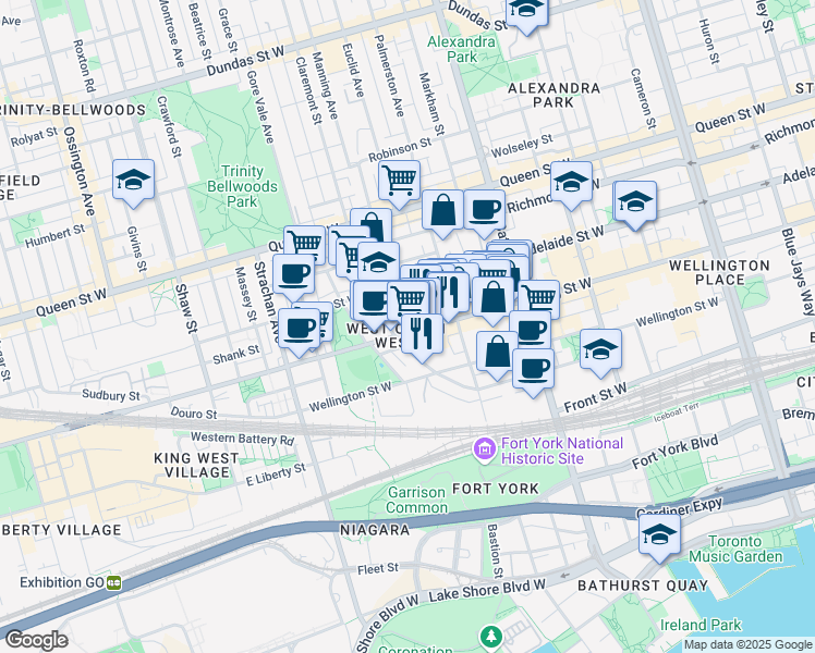 map of restaurants, bars, coffee shops, grocery stores, and more near in Toronto