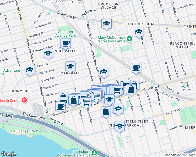 map of restaurants, bars, coffee shops, grocery stores, and more near in Toronto