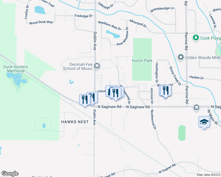 map of restaurants, bars, coffee shops, grocery stores, and more near 4915 Universal Drive in Midland