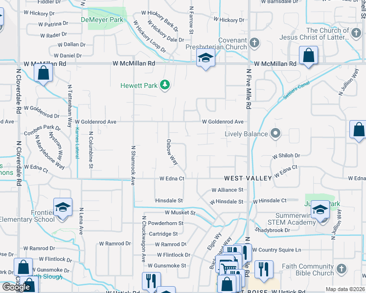 map of restaurants, bars, coffee shops, grocery stores, and more near 4134 West Oxbow Way in Boise