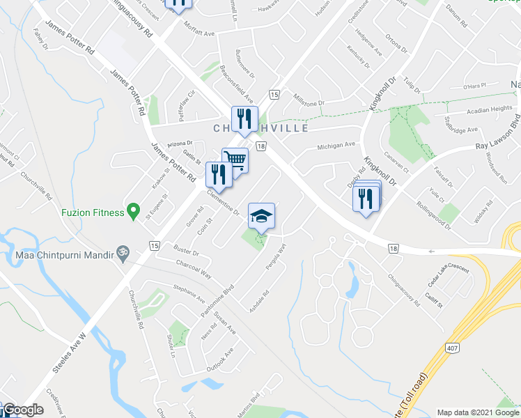 map of restaurants, bars, coffee shops, grocery stores, and more near 14 Maddybeth Crescent in Brampton