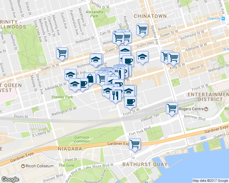 map of restaurants, bars, coffee shops, grocery stores, and more near 61 Stewart Street in Toronto