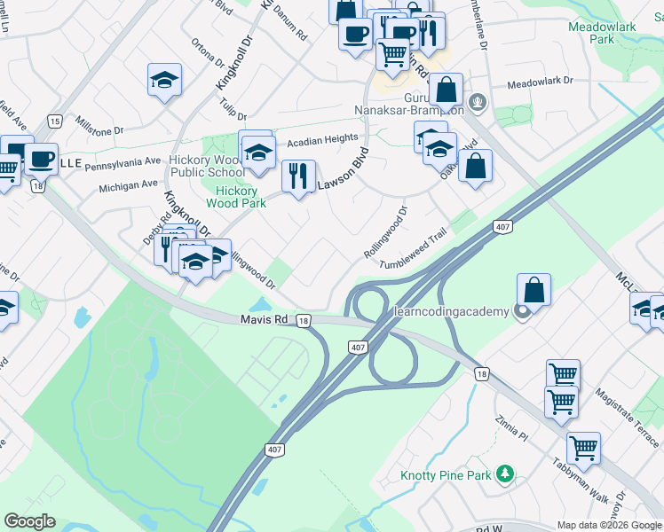 map of restaurants, bars, coffee shops, grocery stores, and more near 5 Wildsky Road in Brampton