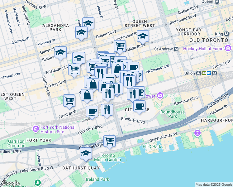 map of restaurants, bars, coffee shops, grocery stores, and more near 400 Front Street West in Toronto