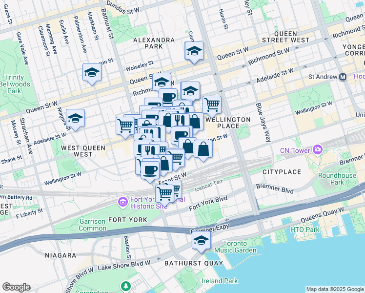 map of restaurants, bars, coffee shops, grocery stores, and more near 504 Wellington Street West in Toronto