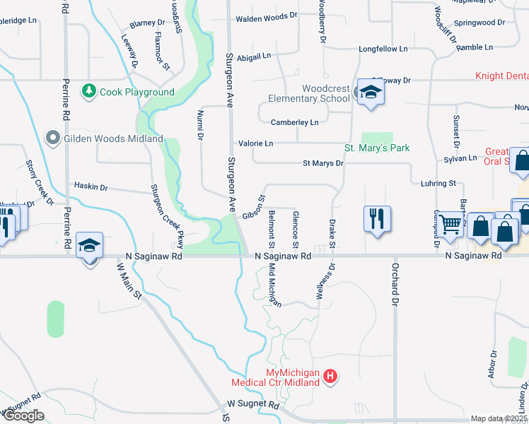 map of restaurants, bars, coffee shops, grocery stores, and more near 3111 Joanne Street in Midland