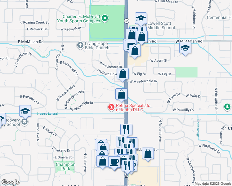 map of restaurants, bars, coffee shops, grocery stores, and more near 4262 North Chapala Way in Boise