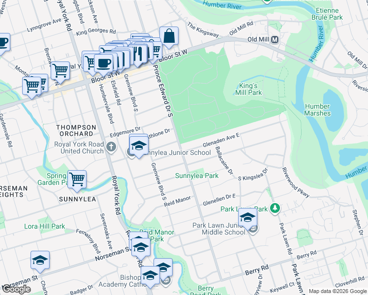 map of restaurants, bars, coffee shops, grocery stores, and more near 237 Prince Edward Drive South in Toronto