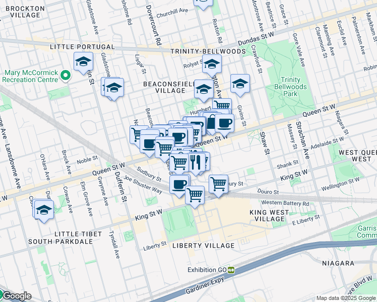map of restaurants, bars, coffee shops, grocery stores, and more near 106 Dovercourt Road in Toronto