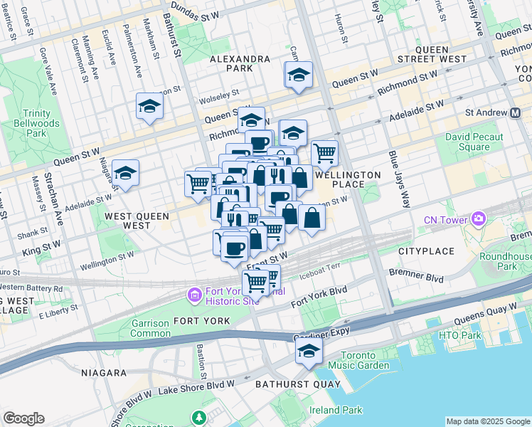map of restaurants, bars, coffee shops, grocery stores, and more near 50 Portland Street in Toronto