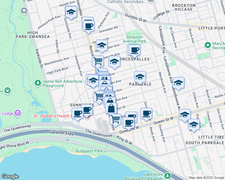 map of restaurants, bars, coffee shops, grocery stores, and more near 144 Galley Avenue in Toronto