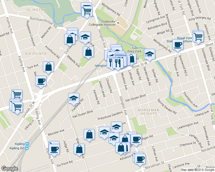 map of restaurants, bars, coffee shops, grocery stores, and more near in Toronto