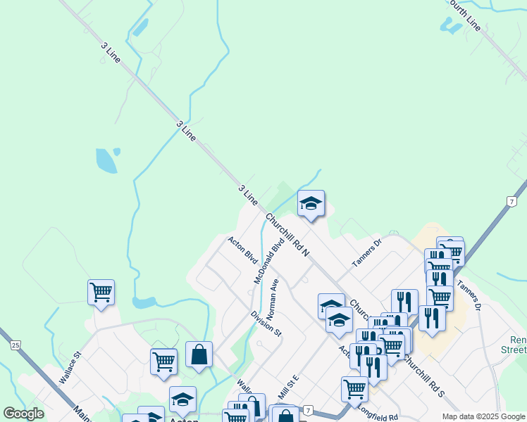 map of restaurants, bars, coffee shops, grocery stores, and more near 225 Churchill Road North in Acton