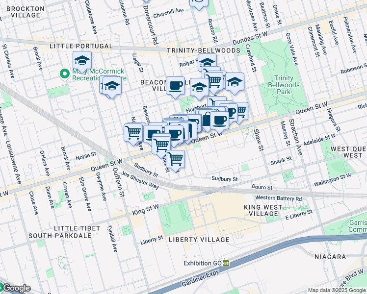 map of restaurants, bars, coffee shops, grocery stores, and more near 106 Dovercourt Road in Toronto
