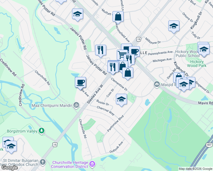 map of restaurants, bars, coffee shops, grocery stores, and more near 30 Grover Road in Brampton