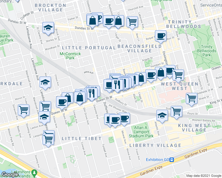 map of restaurants, bars, coffee shops, grocery stores, and more near 20 Gladstone Avenue in Toronto