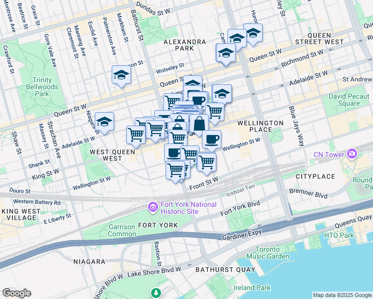 map of restaurants, bars, coffee shops, grocery stores, and more near 55 Stewart Street in Toronto