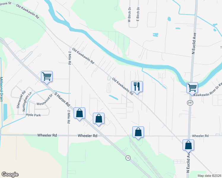map of restaurants, bars, coffee shops, grocery stores, and more near 3318 Old Kawkawlin Road in Bay City